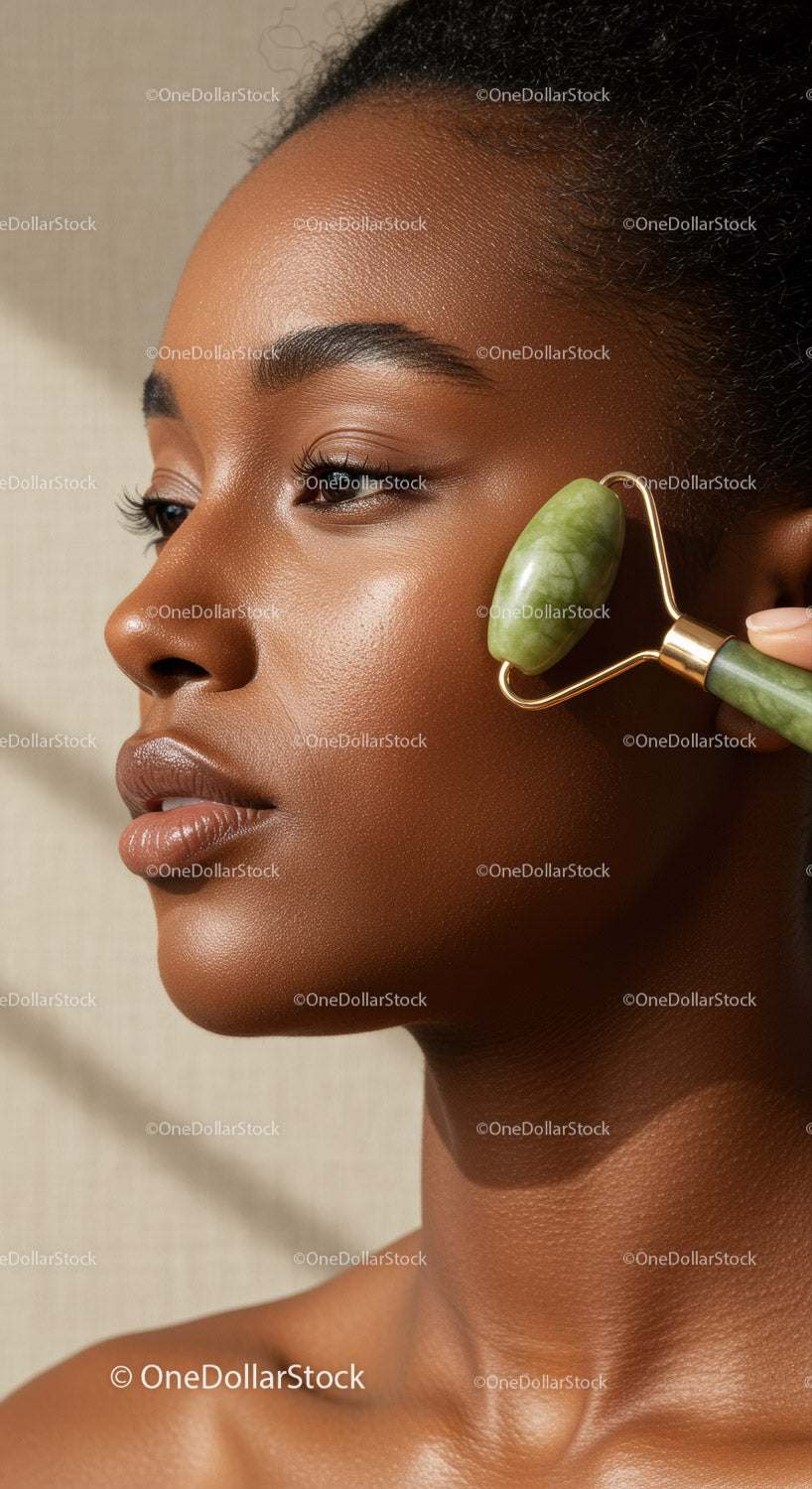 Young Woman Getting Facial Massage with Jade Roller for Glowing Skin