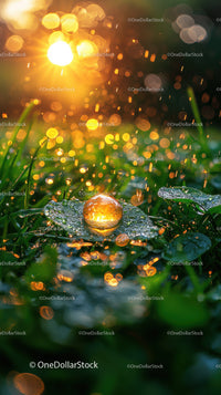Sunlit Dewdrops on Grass in a Vibrant Sunrise Scene