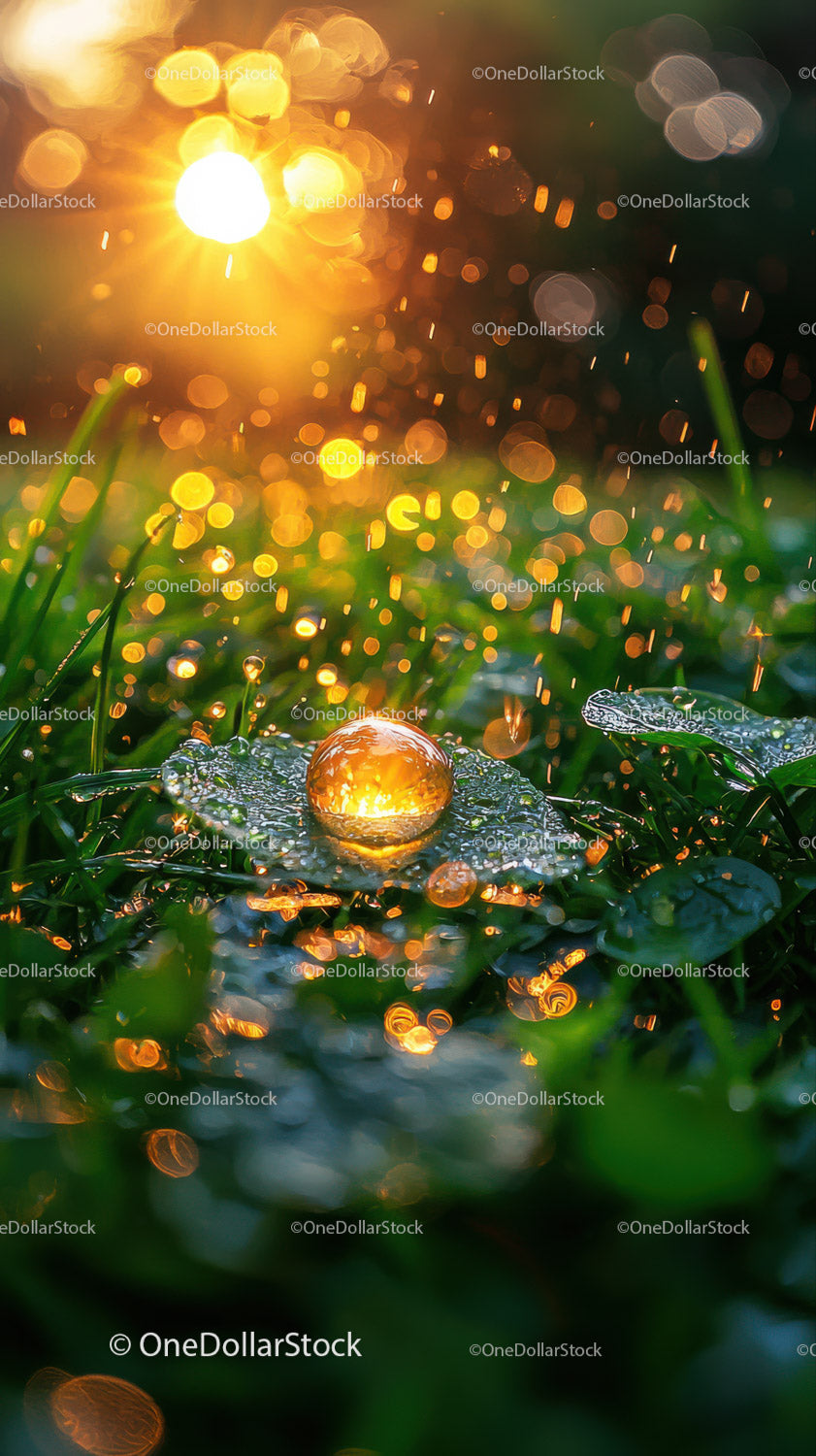 Sunlit Dewdrops on Grass in a Vibrant Sunrise Scene