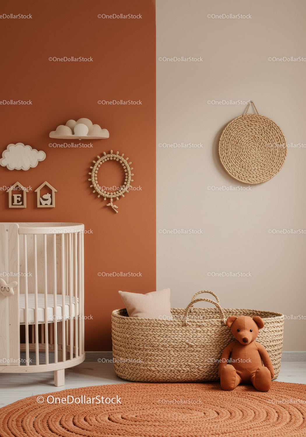 Cozy Baby Nursery with Woven Basket Cloud Wall Decor and Plush Teddy