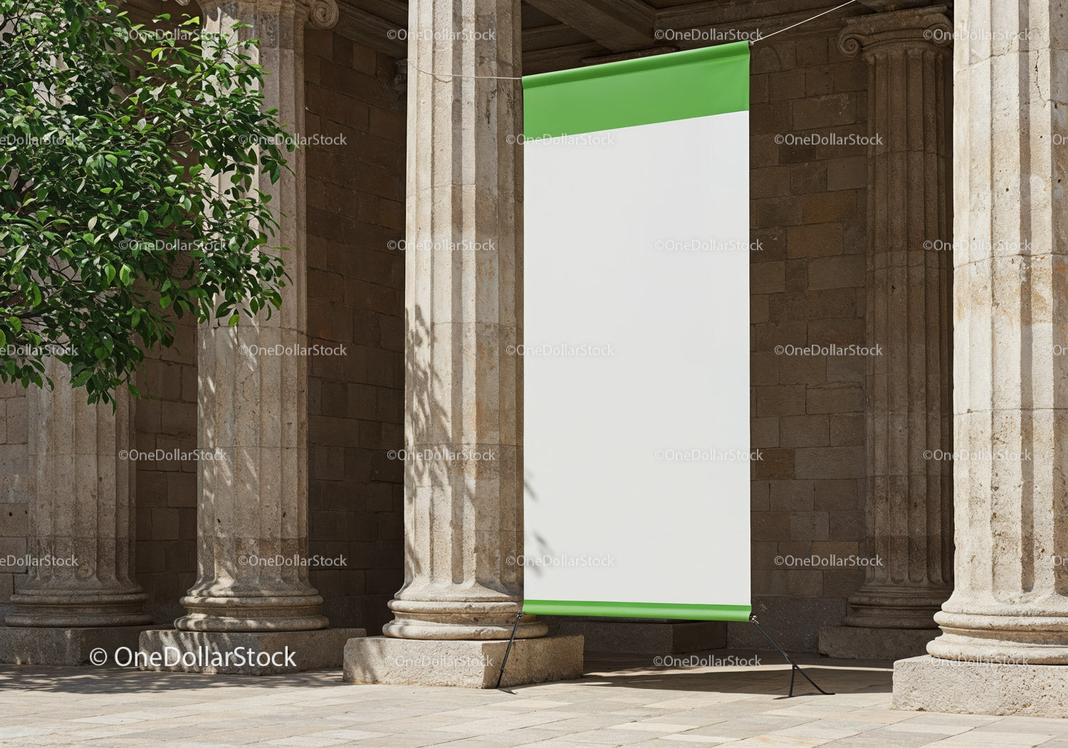 Blank banner displayed between stone columns outdoors