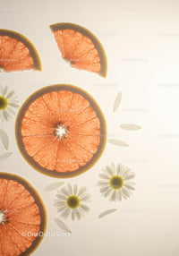 Fresh grapefruit slices with chamomile flowers on light background