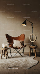 Cozy leather chair with soft pillow in warm living space