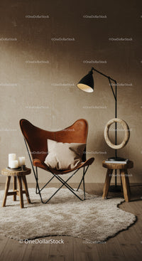 Cozy leather chair with soft pillow in warm living space