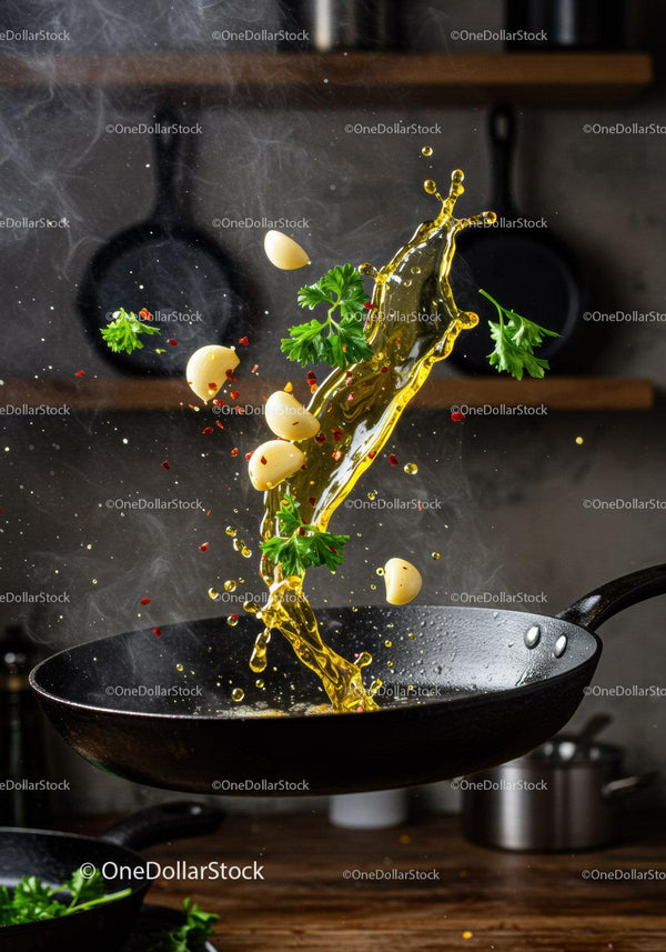 Fresh garlic and herbs sizzling with oil in pan