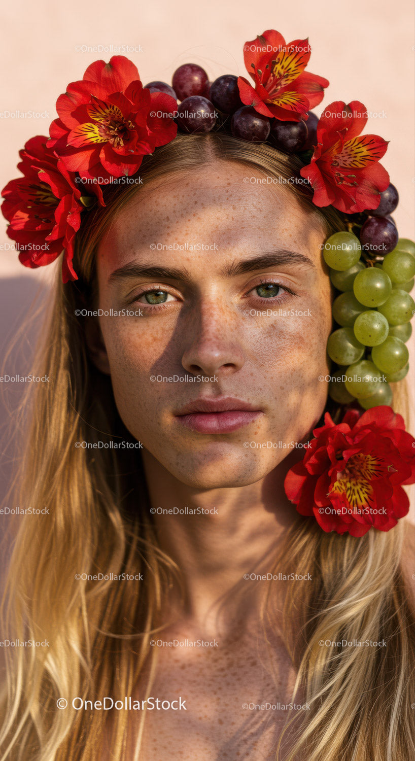 Beautiful Woman Wearing Floral Crown with Red Alstroemeria and Grape Flowers
