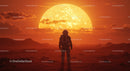 Astronaut Standing on Alien Planet with Large Sun Setting Behind
