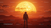 Astronaut Standing on Alien Planet with Large Sun Setting Behind