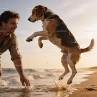 Man Playing Joyfully with Beagle Dog on the Beach