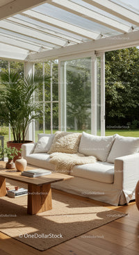 Cozy Sunlit Living Room with Green Plants and Wooden Table
