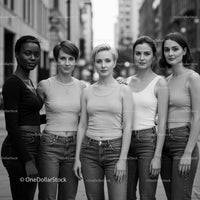 Group of diverse women standing confidently in city street