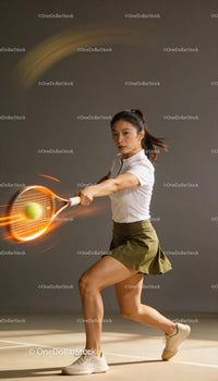 Focused woman playing indoor tennis with powerful hit