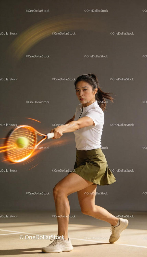 Focused woman playing indoor tennis with powerful hit