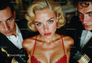 Glamorous Woman in Red Lace Dress with Blonde Hair and Expressive Eyes