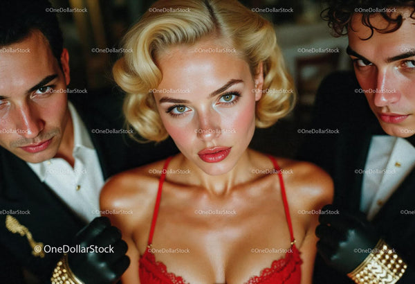Glamorous Woman in Red Lace Dress with Blonde Hair and Expressive Eyes