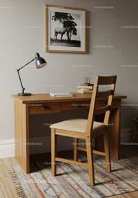 Modern Wooden Home Office Desk with Chair and Wall Art