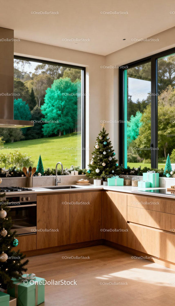 Modern kitchen decorated with Christmas trees and gifts