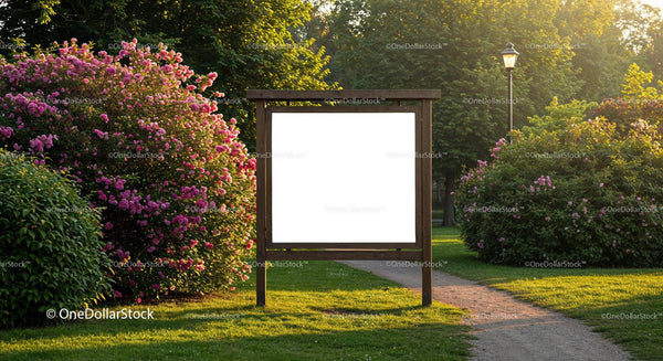 Empty wooden signboard in blooming garden park JPG Mockup Image