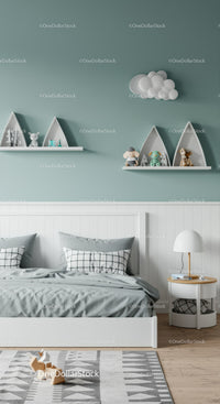 Modern Child Bedroom with Cloud Wall Art and Floating Shelves