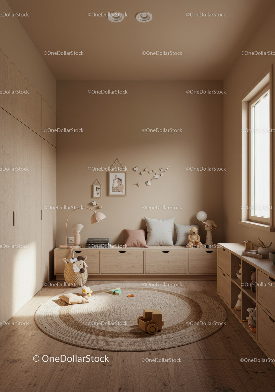 Calm Beige Nursery with Wooden Furniture and Playful Decorations