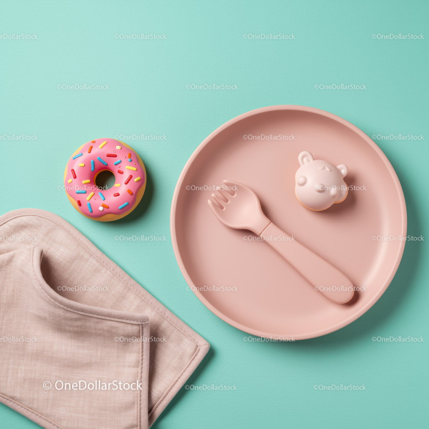 Pink Playground Plate with Toy Bear and Donut on Blue