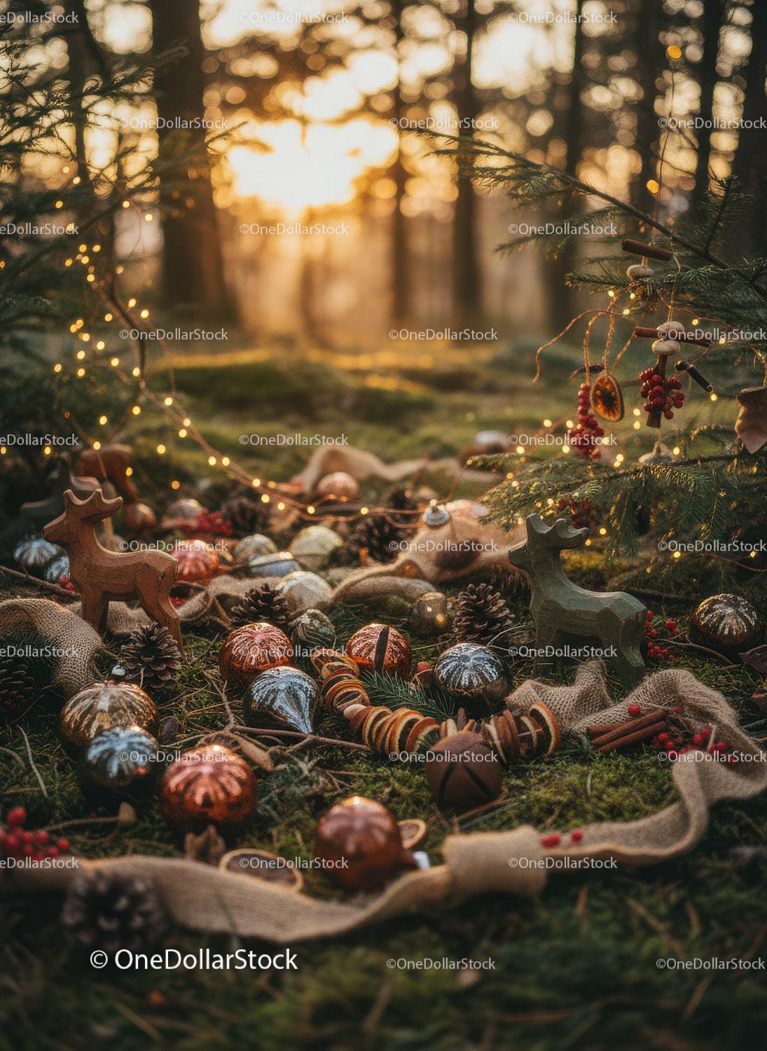 Warm holiday decorations glowing in forest sunset