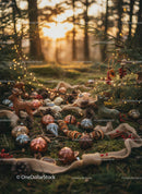 Warm holiday decorations glowing in forest sunset