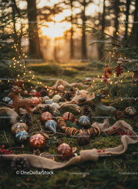 Warm holiday decorations glowing in forest sunset