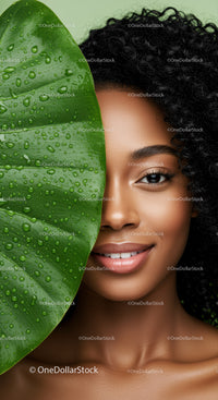 Close-Up of a Woman with Curly Hair and Tropical Leaf with Water Droplets