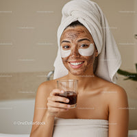 Relaxing Woman with Facial Mask and Towel Over Head in Spa Setting
