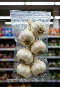 Vacuum Packed Garlic Bulbs in Grocery Store Setting