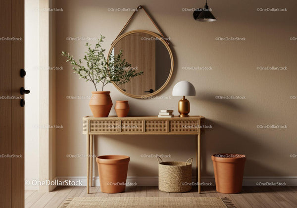 Minimalist hallway with natural decor and warm lighting