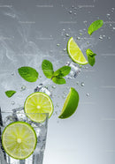 Fresh lime slices and mint leaves with ice in sparkling water