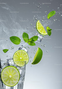Fresh lime slices and mint leaves with ice in sparkling water
