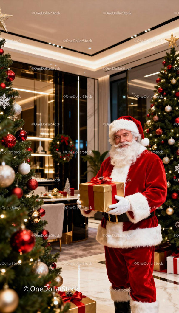 Santa Claus Smiling with Christmas Gift in Elegant Interior