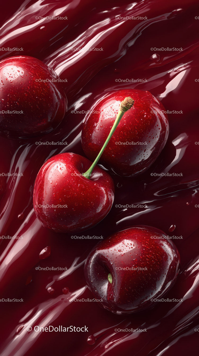 Fresh Juicy Red Cherries with Water Droplets in Close-Up
