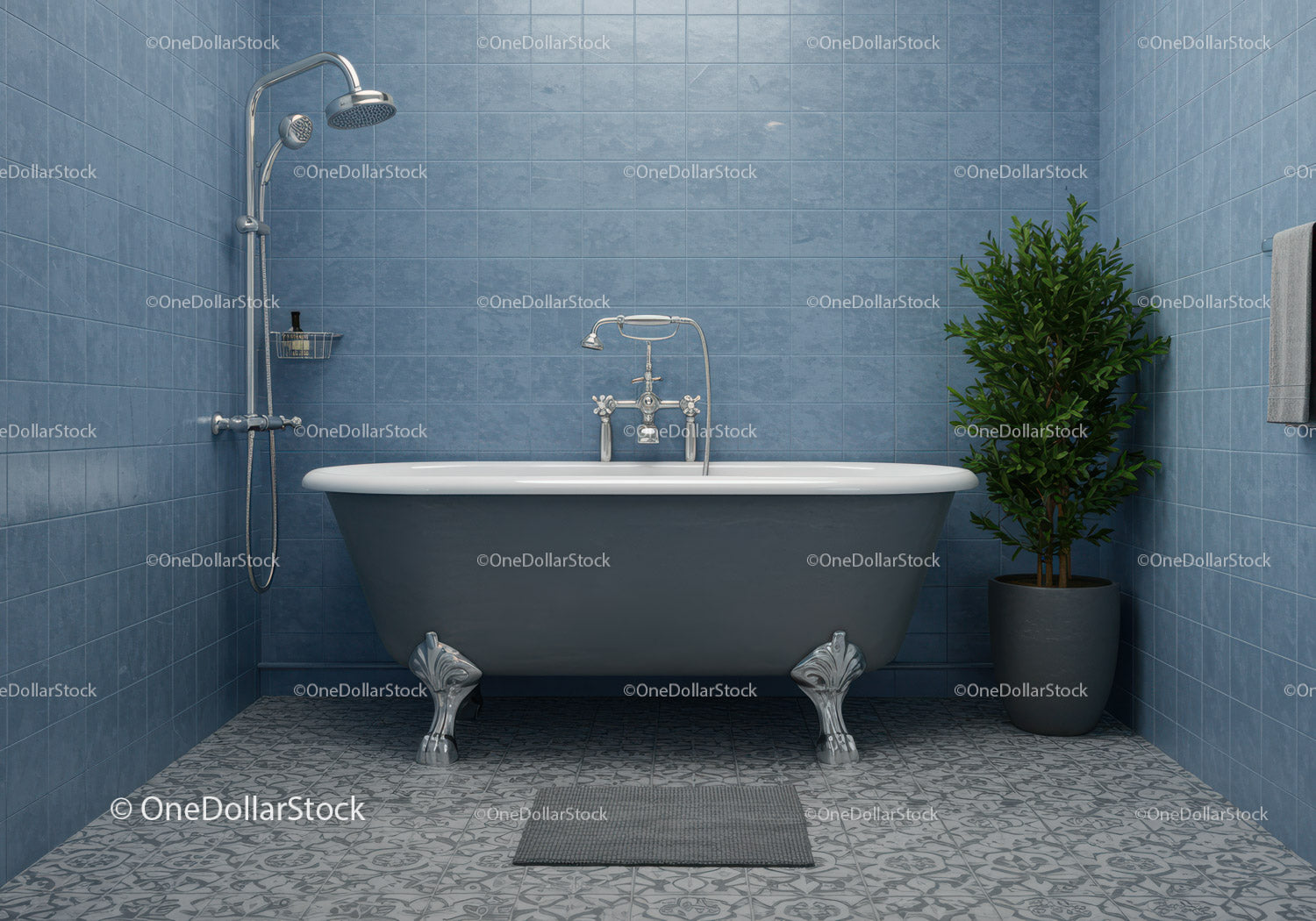 Vintage Bathtub with Shower in Blue Tiled Bathroom