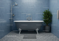 Vintage Bathtub with Shower in Blue Tiled Bathroom