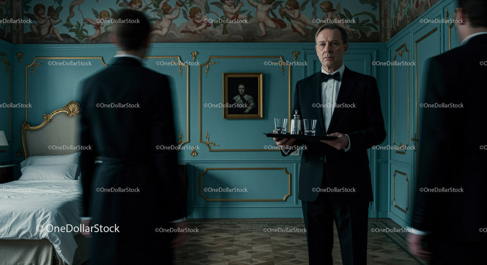 Elegant Waiter in a Luxurious Vintage Setting Serving Drinks