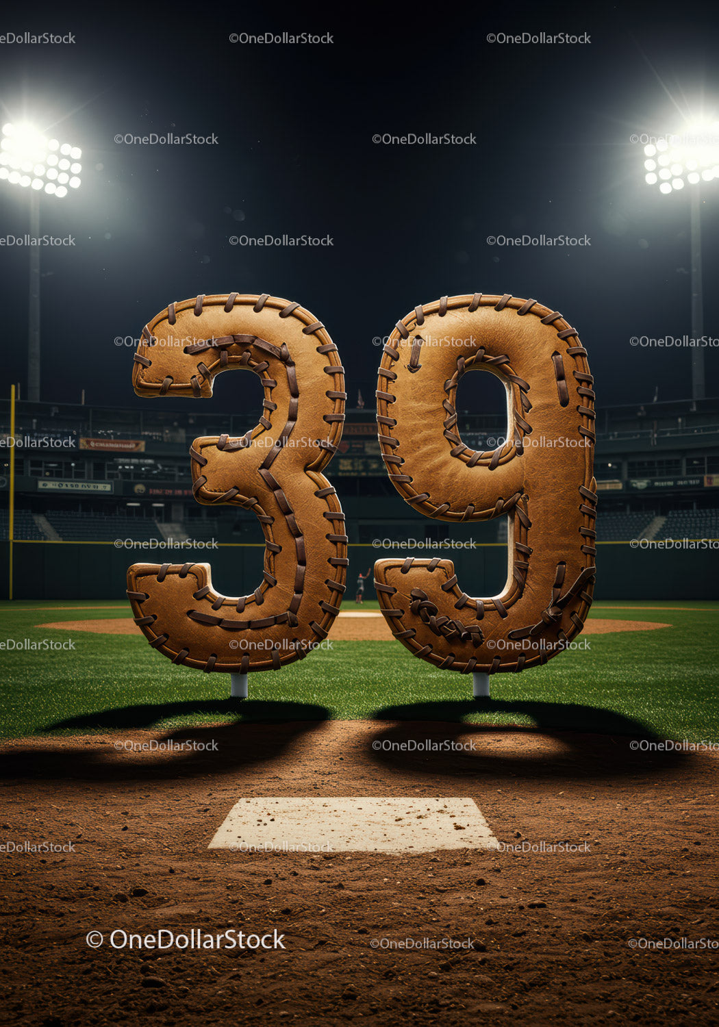 Baseball themed number thirty nine on field at night
