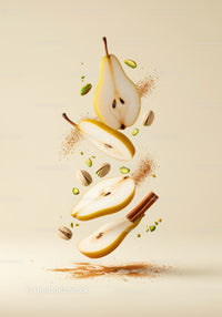Sliced pears with pistachios and cinnamon floating in air