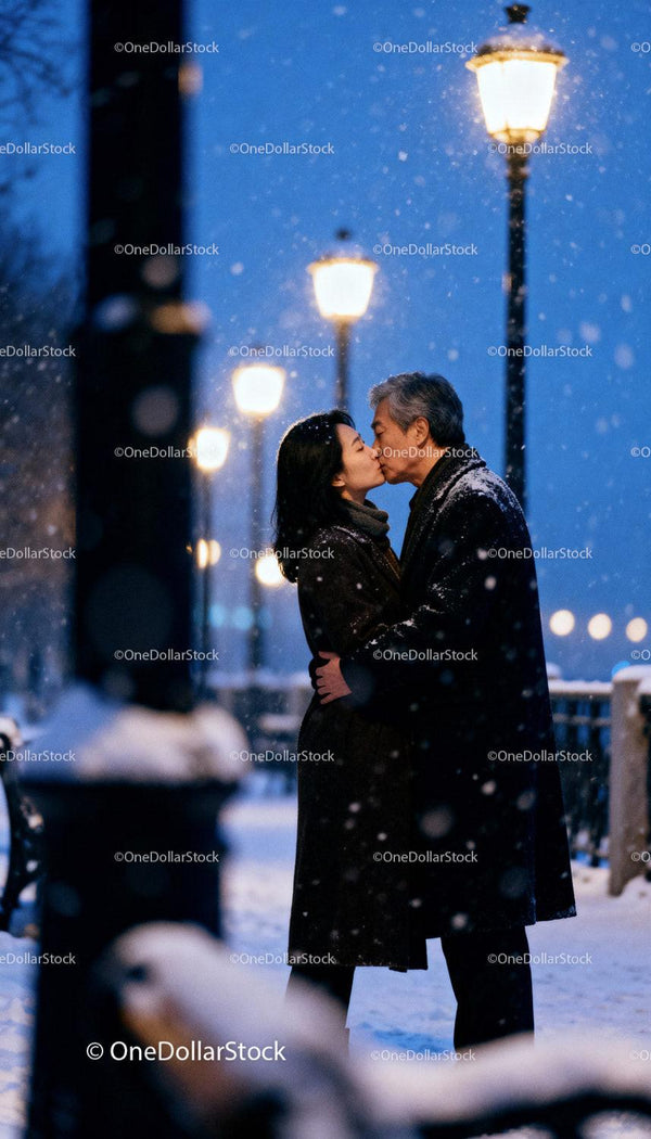 Couple sharing a tender kiss in snowy winter evening