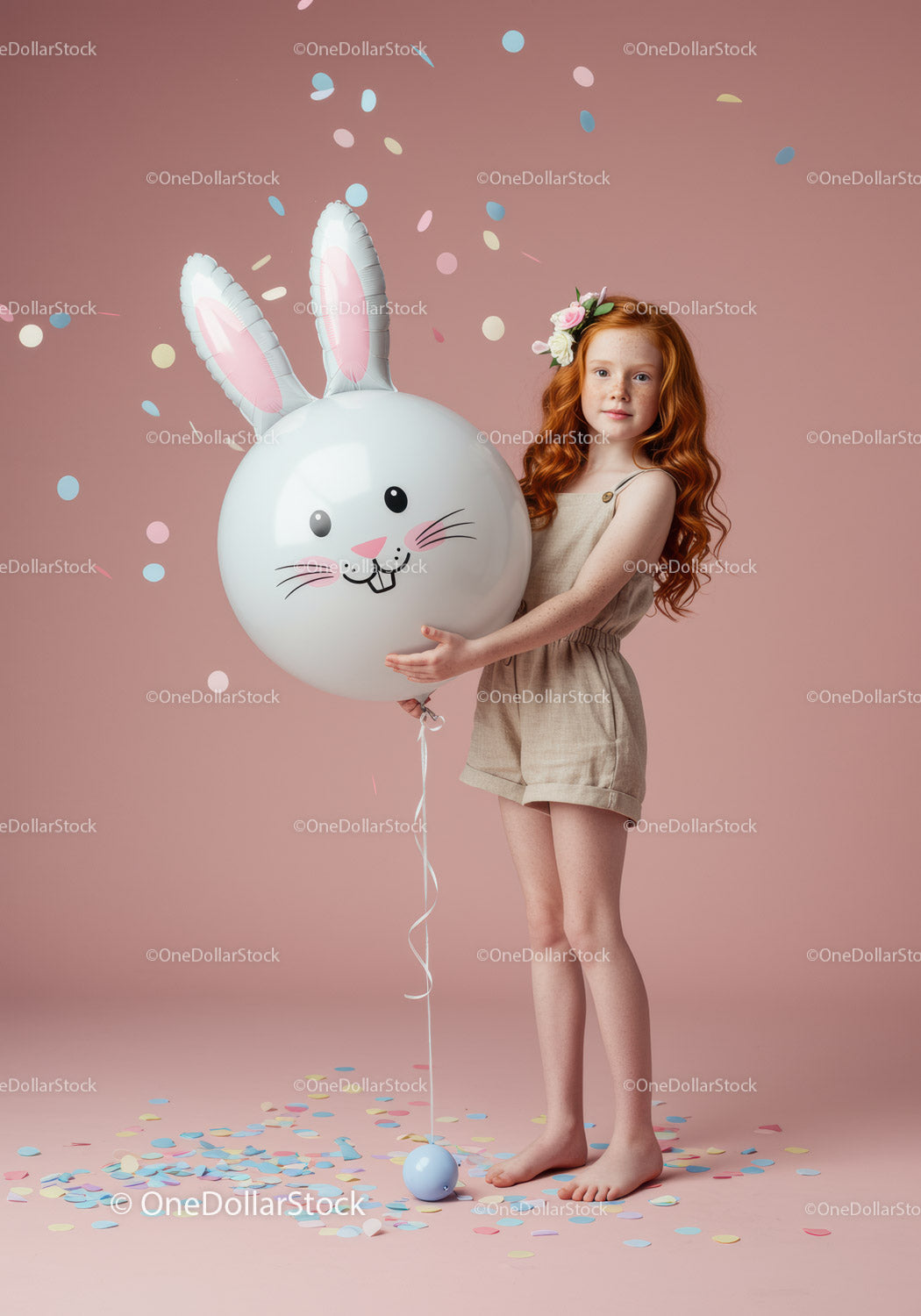 Rudowłosa dziewczyna trzymająca balon w kształcie króliczka z konfetti