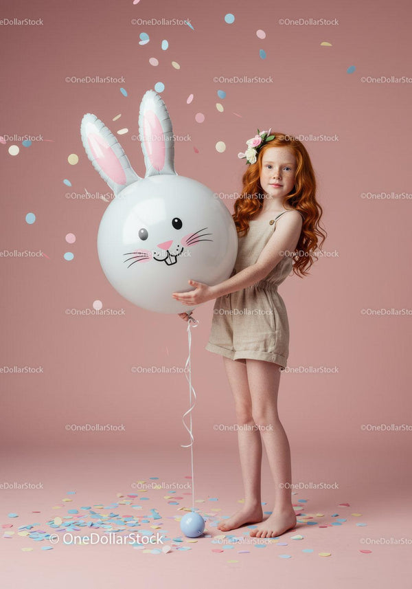 Ruda dziewczynka trzyma balon z twarzą królika z konfetti