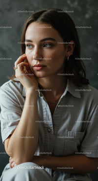 Thoughtful young woman in casual shirt posing indoors