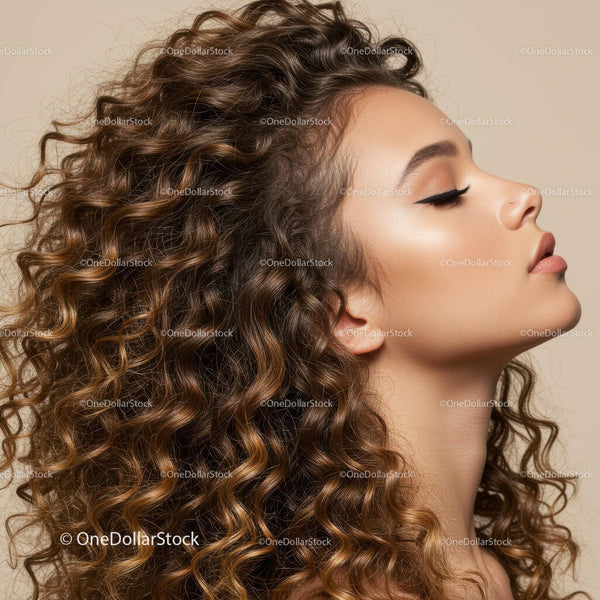 Profile of Woman with Voluminous Curly Hair and Smooth Skin