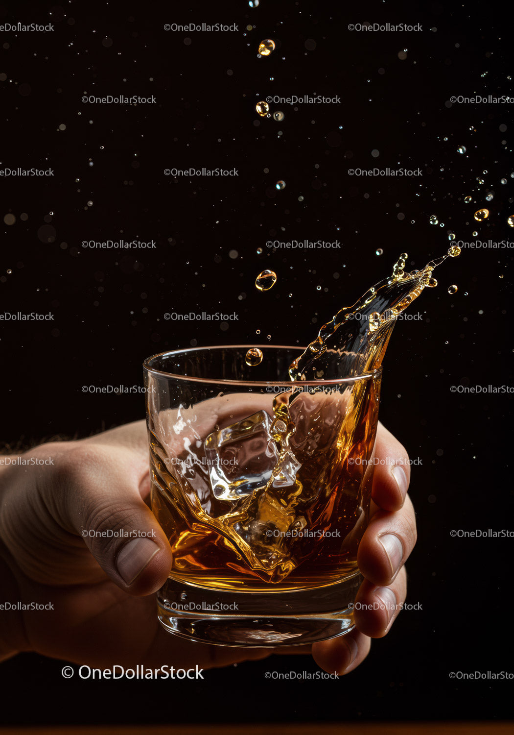 Dłoń trzymająca szklankę whisky z rozpryskującymi się kostkami lodu