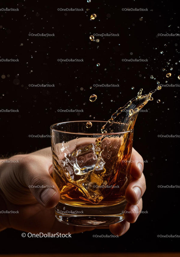 Hand Holding Glass of Whiskey with Splashing Ice Cubes