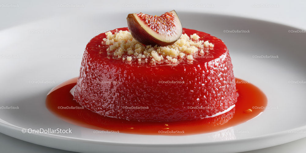 Vibrant Red Jelly Dessert with Fig Garnish on White Plate