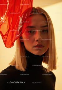 Creative Artistic Makeup Portrait with Red Face Paint and Blonde Hair